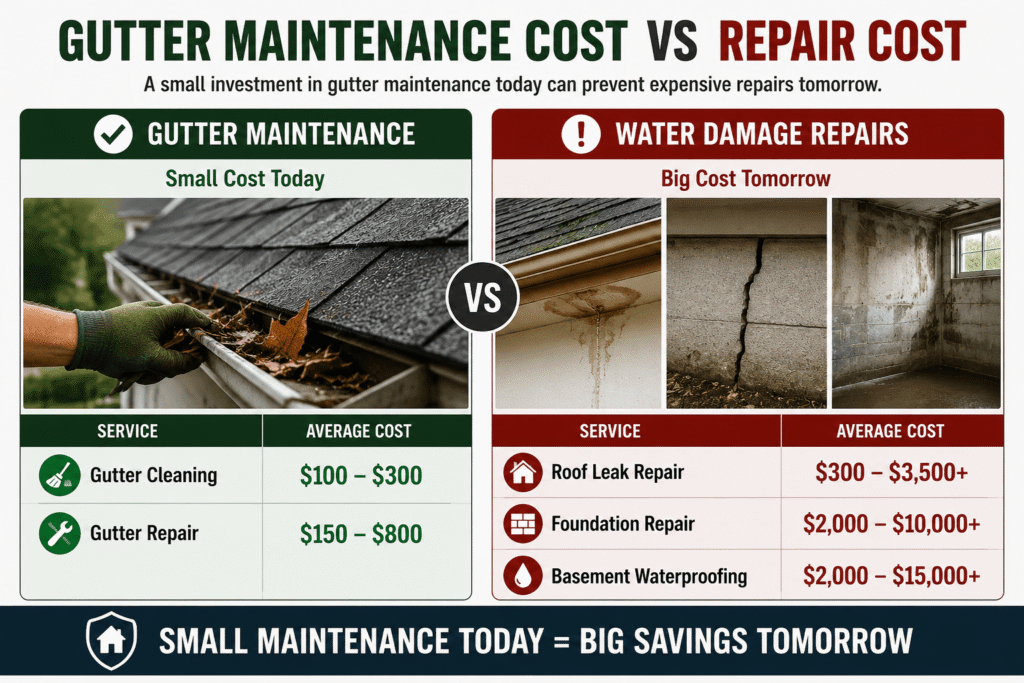 Gutter maintenance cost compared to roof and foundation repair costs.