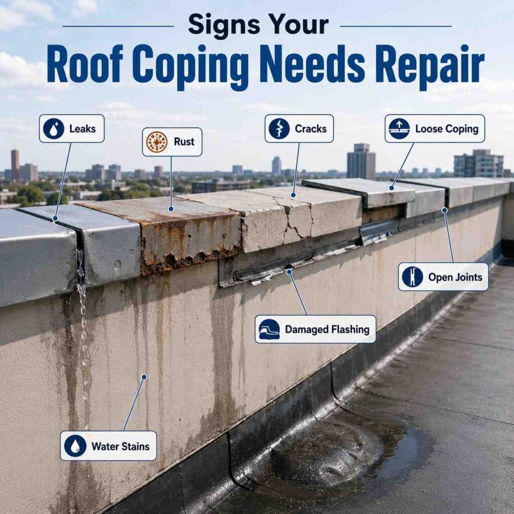 Damaged roof coping with leaks, rust, cracks, loose sections, open joints, and damaged flashing.