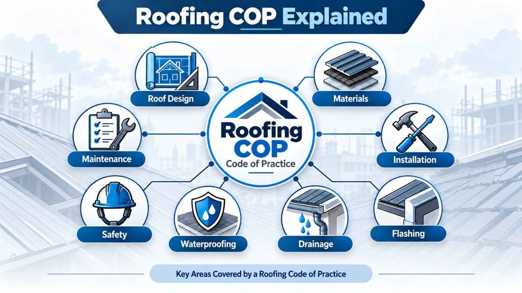 Roofing COP infographic showing key roofing code of practice areas