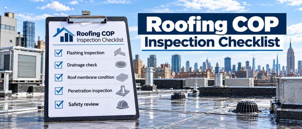 Roofing COP inspection checklist on a NYC commercial rooftop