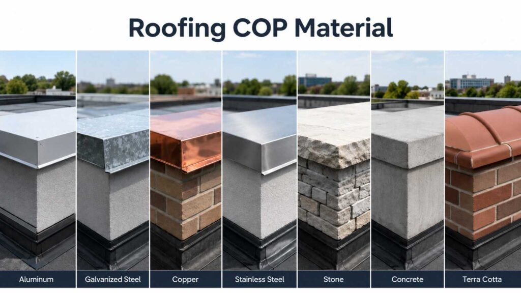 Comparison of aluminum, galvanized steel, copper, stainless steel, stone, concrete, and terra cotta roofing cop materials.