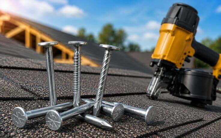 Roofing nails and roofing nailer on asphalt shingles during roof installation.