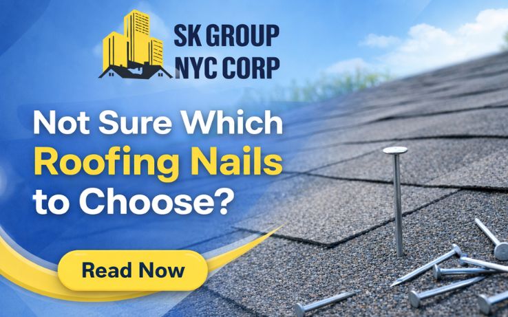 Blog banner showing roofing nails on a rooftop with SK Group NYC Corp logo, illustrating types and sizes of roofing nails for homeowners.
