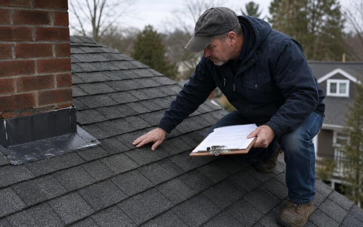 Contractor performing a detailed roof inspection to identify roofing issues and prevent leaks.