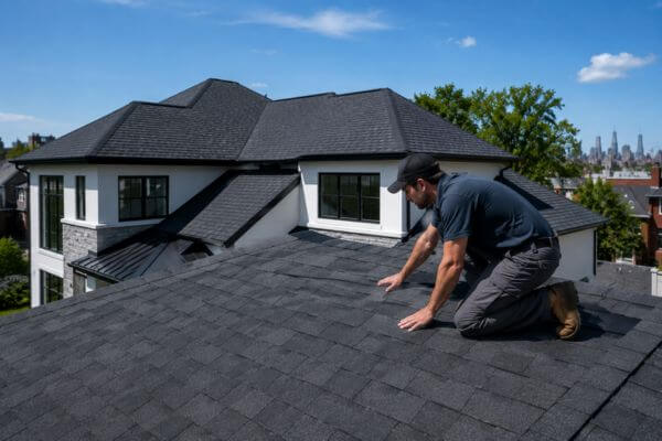 Professional roofing services on a modern residential roof in NYC.