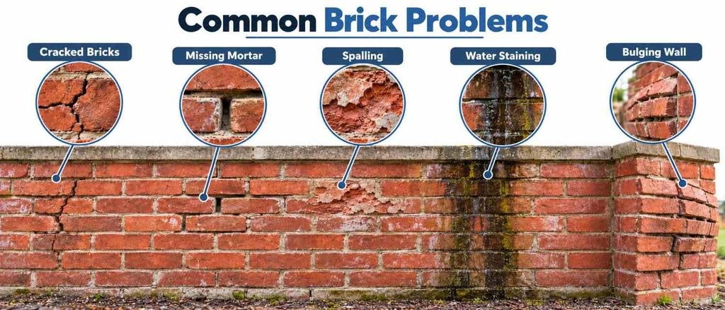 Common brick problems including cracks, missing mortar, spalling, stains and bulging walls