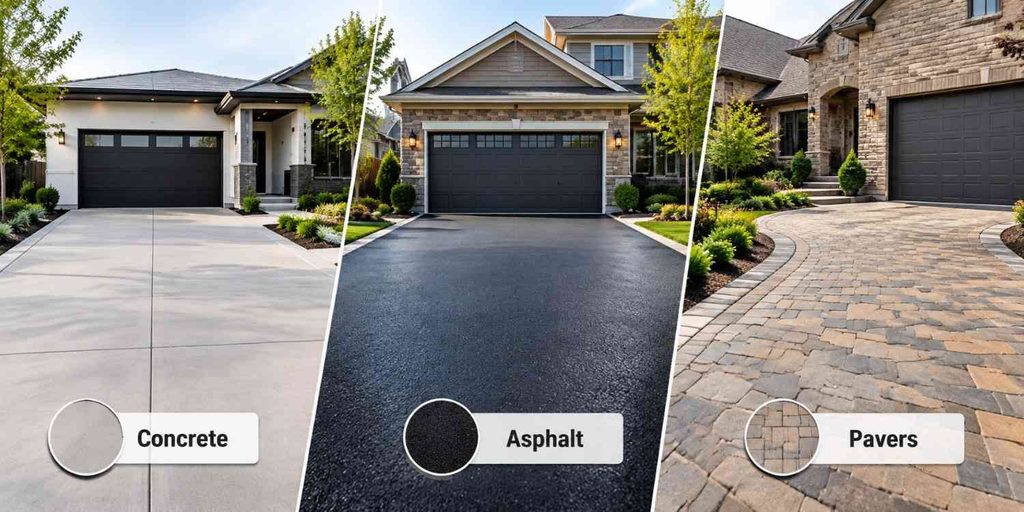 Comparison of concrete, asphalt, and paver driveway materials for residential properties