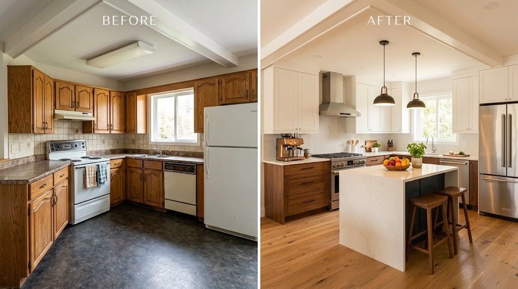 Modern kitchen renovation with custom cabinets, island countertop, and updated home design