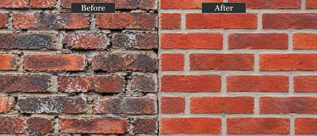 Tuckpointing before and after showing damaged mortar and freshly repointed brick joints