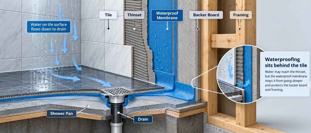 Bathroom waterproofing system with tile, membrane, and drainage layers