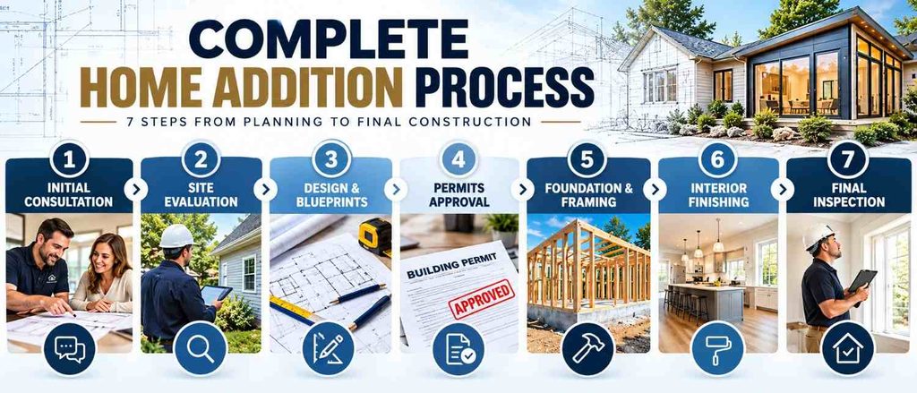 Home addition process showing planning, permits, construction, and final inspection