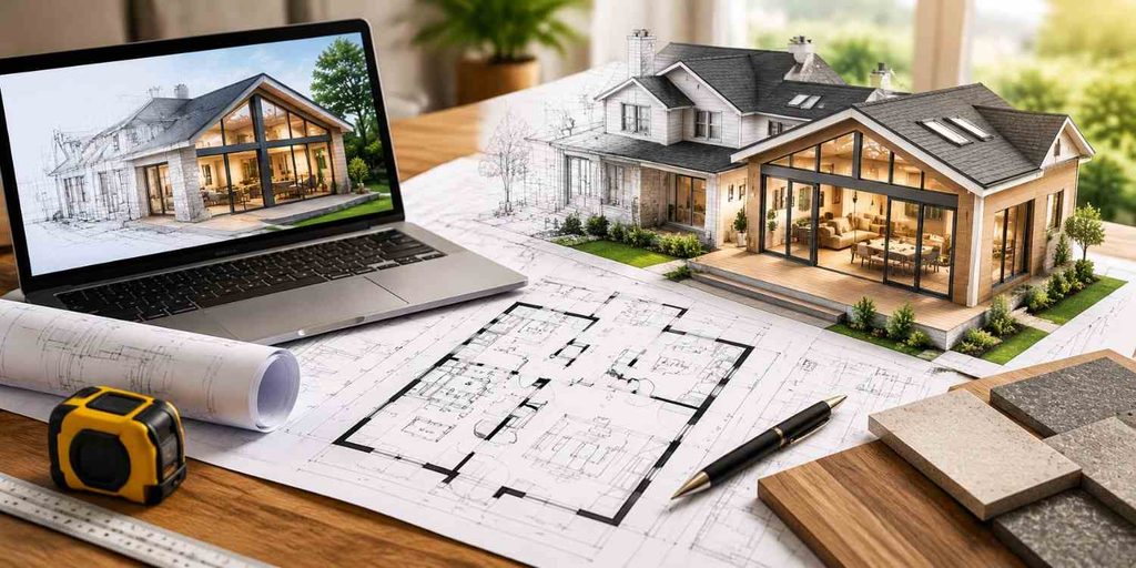 Architectural blueprints and 3D design plans for home addition planning