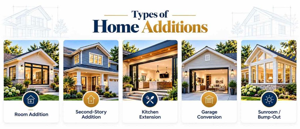 Types of home additions including room, second-story, kitchen, and garage conversions